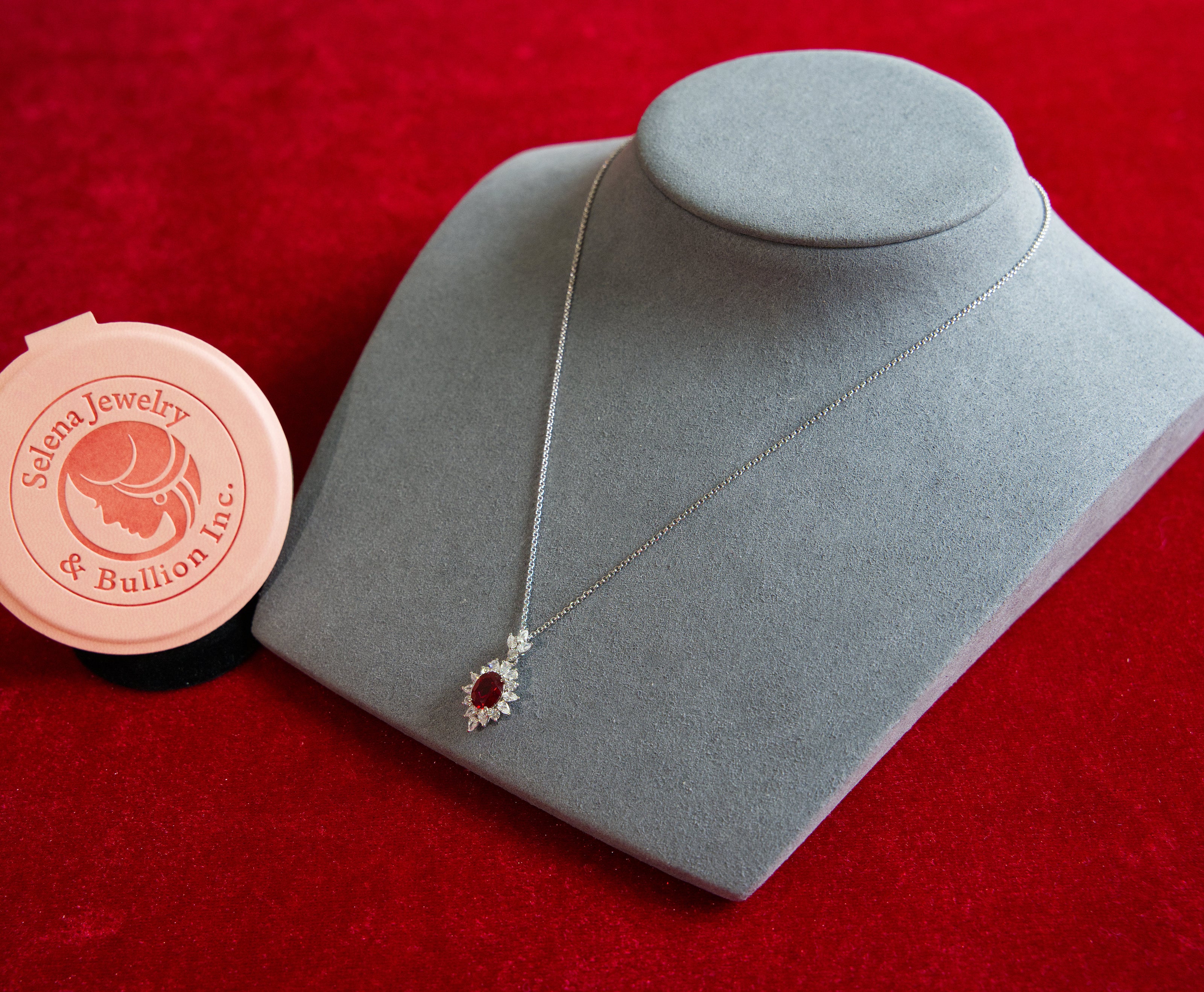 Selena Jewelry Bullion - Fontainebleau 2 carats Lab Grown Ruby Oval Sunburst Halo Pendant Necklace