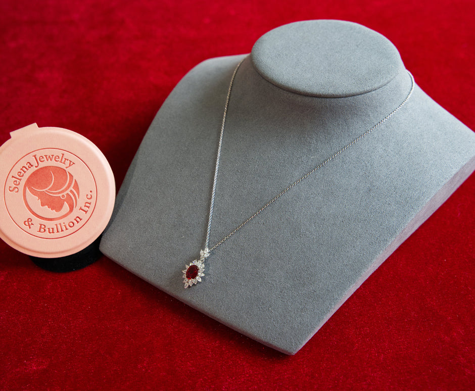 Selena Jewelry Bullion - Fontainebleau 2 carats Lab Grown Ruby Oval Sunburst Halo Pendant Necklace
