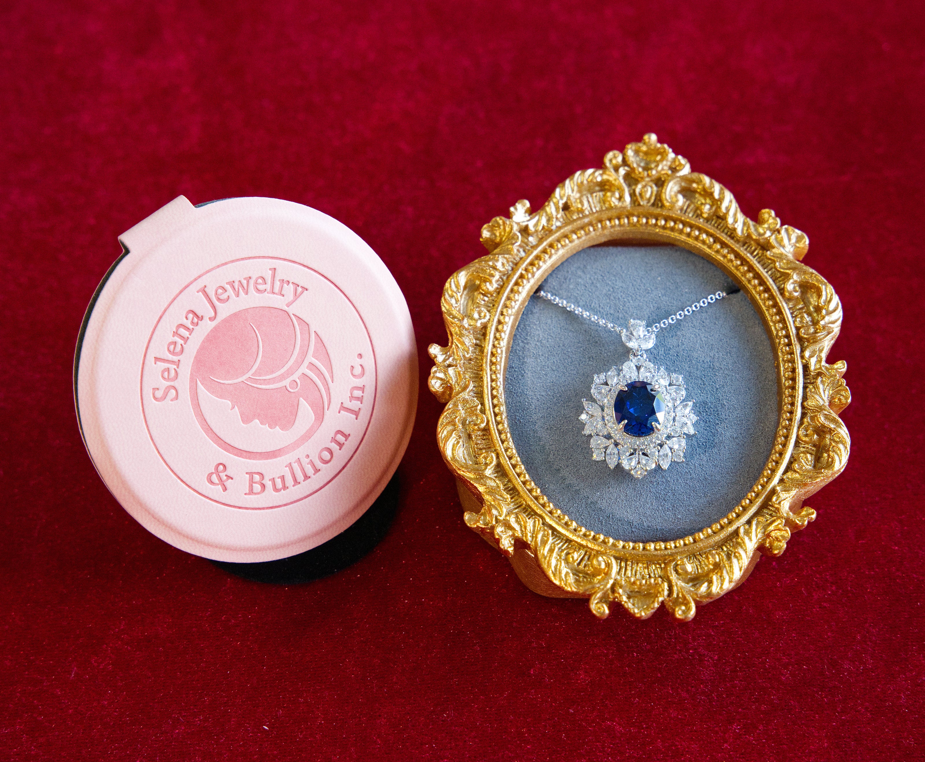 Selena Jewelry Bullion - Neuschwanstein 6 Carats Lab Grown Royal Blue Sapphire Floral Halo Pendant Necklace