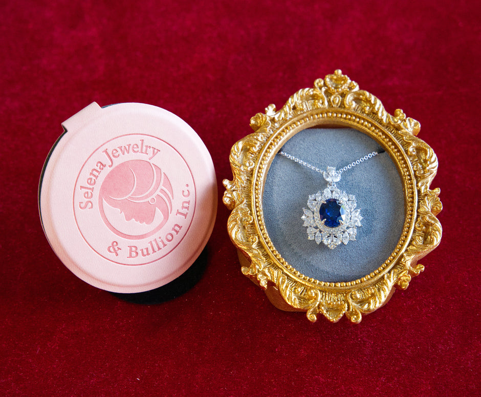 Selena Jewelry Bullion - Neuschwanstein 6 Carats Lab Grown Royal Blue Sapphire Floral Halo Pendant Necklace