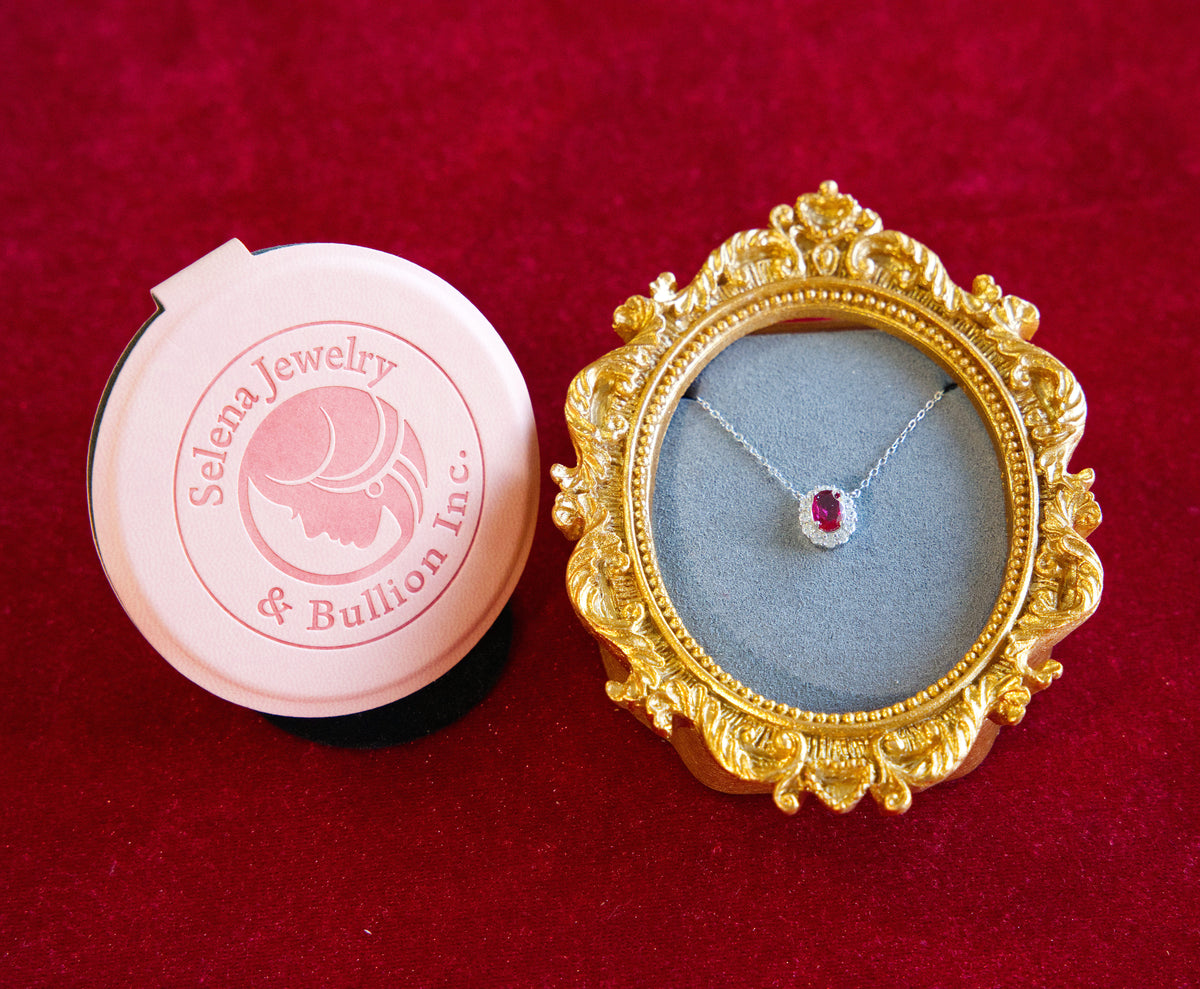 Selena Jewelry Bullion - Compiegne Ruby Tone Oval Halo Pendant Necklace