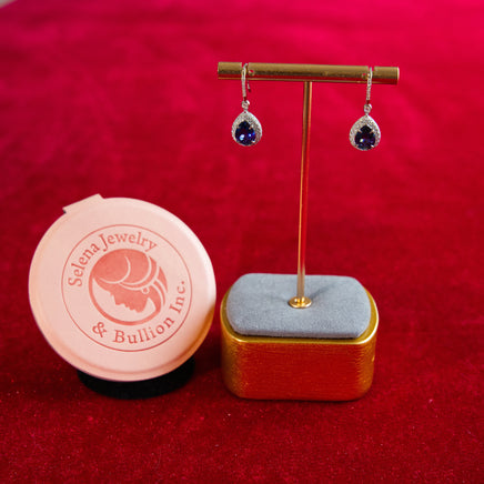 Selena Jewelry Bullion - Chambord 2cts Lab Grown Royal Blue Sapphire Pear Full Halo Drop Earrings