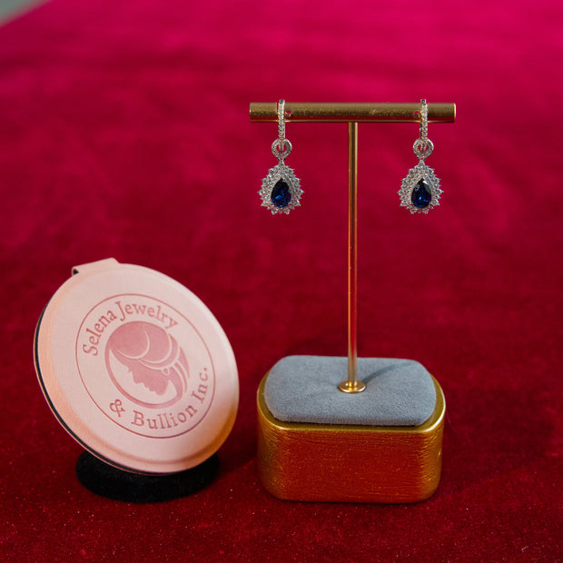 Selena Jewelry Bullion - Fontainebleau 1.5cts Per Stone Total 3cts Pair Lab Grown Royal Blue Pear Sapphire Double Halo Drop Earrings