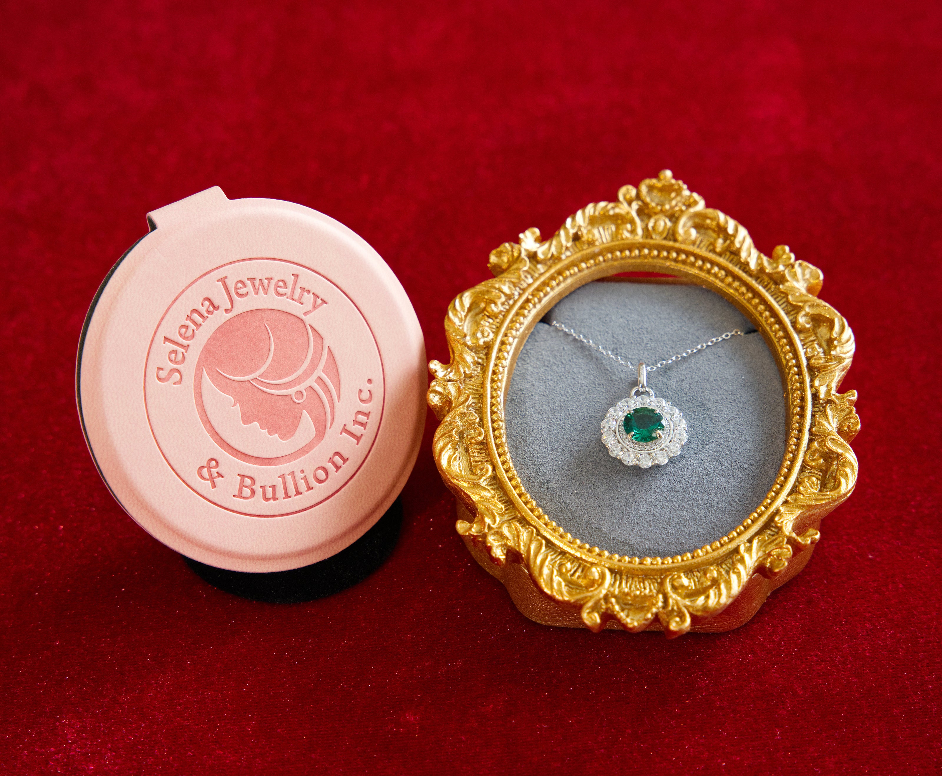Selena Jewelry Bullion - Compiegne 1.5ct Lab Grown Vivid Green Emerald Round Floral Halo Pendant Necklace