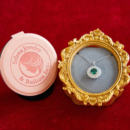Selena Jewelry Bullion - Compiegne 1.5ct Lab Grown Vivid Green Emerald Round Floral Halo Pendant Necklace