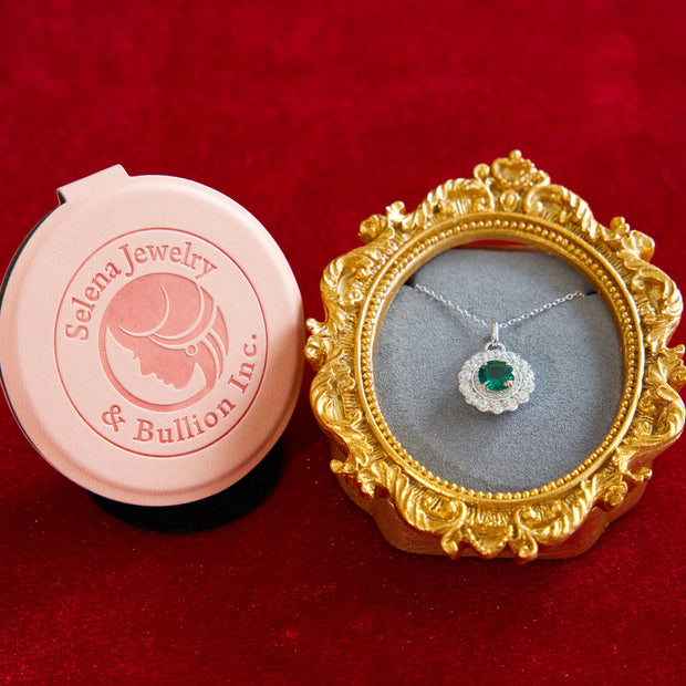 Selena Jewelry Bullion - Compiegne 1.5ct Lab Grown Vivid Green Emerald Round Floral Halo Pendant Necklace