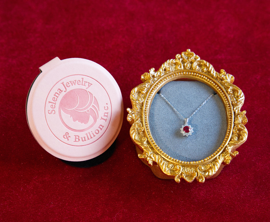 Selena Jewelry Bullion - Fontainebleau 0.5 Carat Lab Grown Ruby Round Sunburst Halo Pendant Necklace