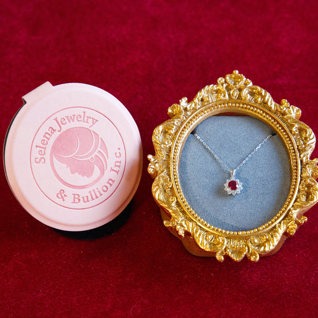 Selena Jewelry Bullion - Fontainebleau 0.5 Carat Lab Grown Ruby Round Sunburst Halo Pendant Necklace