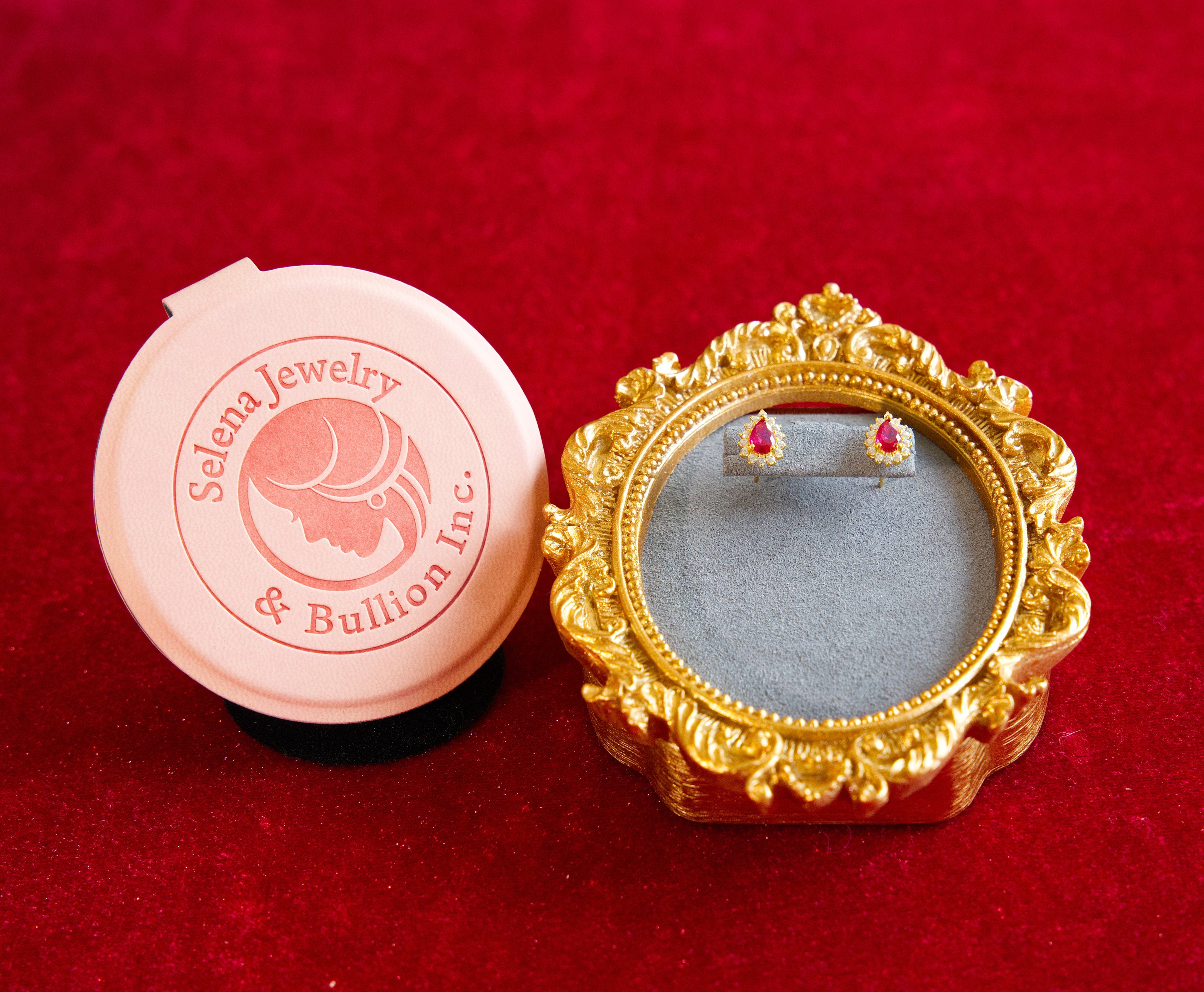 Selena Jewelry Bullion - Fontainebleau Rosy Ruby Tone Royal Waterdrop Halo Stud Earrings
