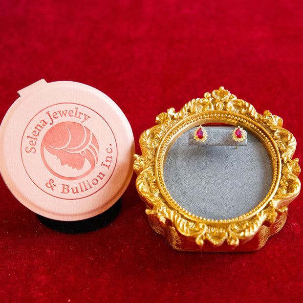 Selena Jewelry Bullion - Fontainebleau Rosy Ruby Tone Royal Waterdrop Halo Stud Earrings
