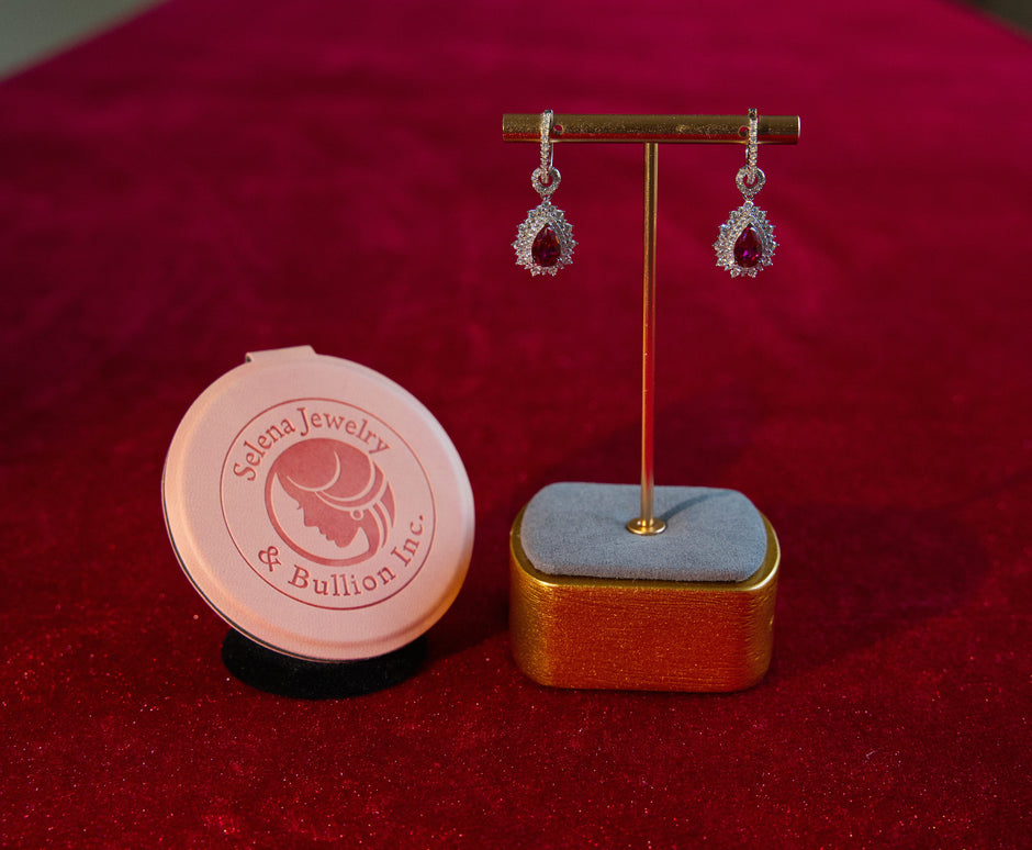 Selena Jewelry Bullion - Fontainebleau 1.5cts Per Stone Total 3cts Pair Lab Grown Pear Ruby Double Halo Drop Earrings