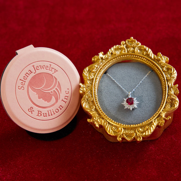Selena Jewelry Bullion - Fontainebleau 2.2cts Lab Grown Ruby Round Sunburst Halo Pendant Necklace