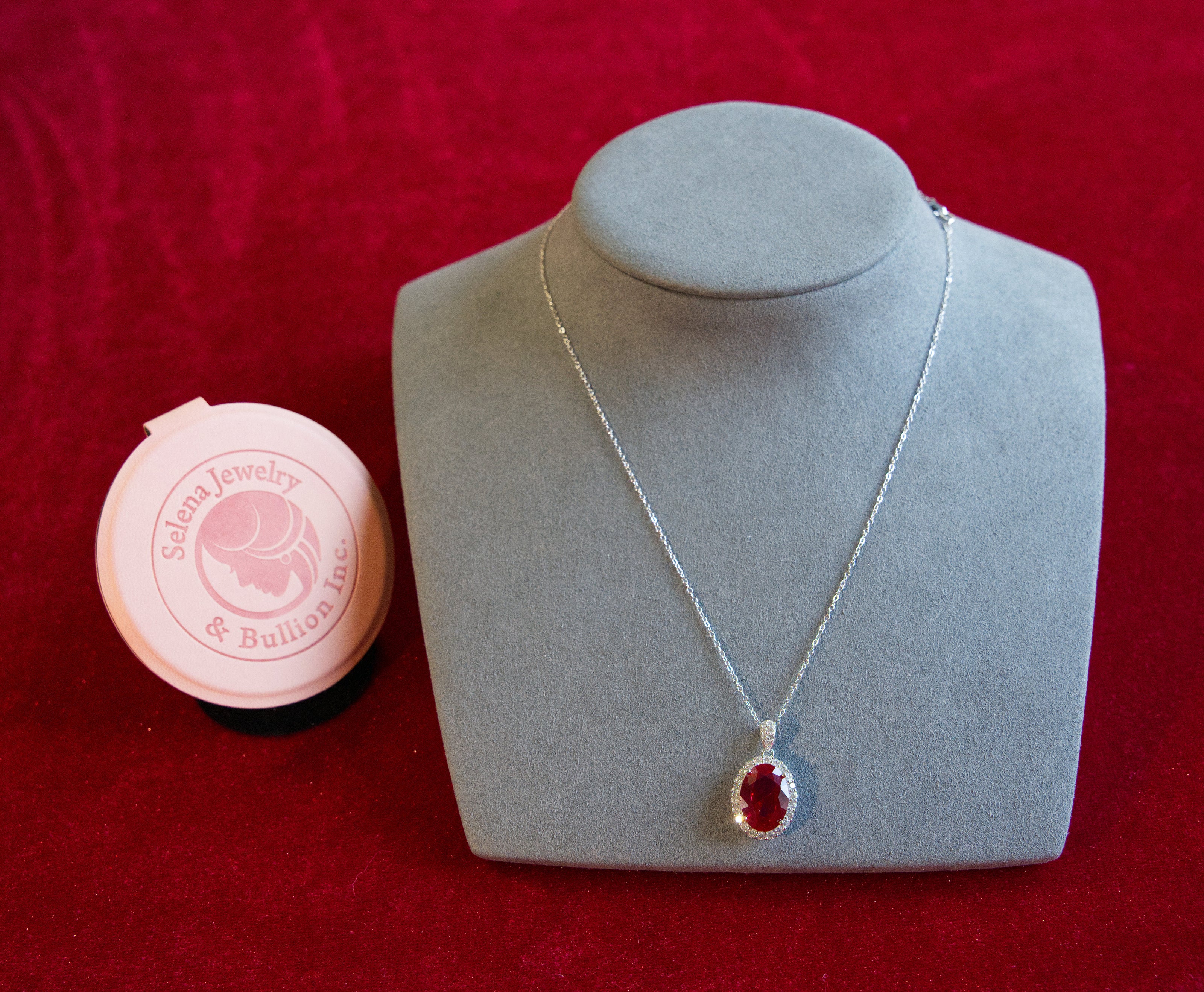 Selena Jewelry Bullion - Chambord 8 Carats Lab Grown Ruby Oval Milgrain Halo Pendant Necklace