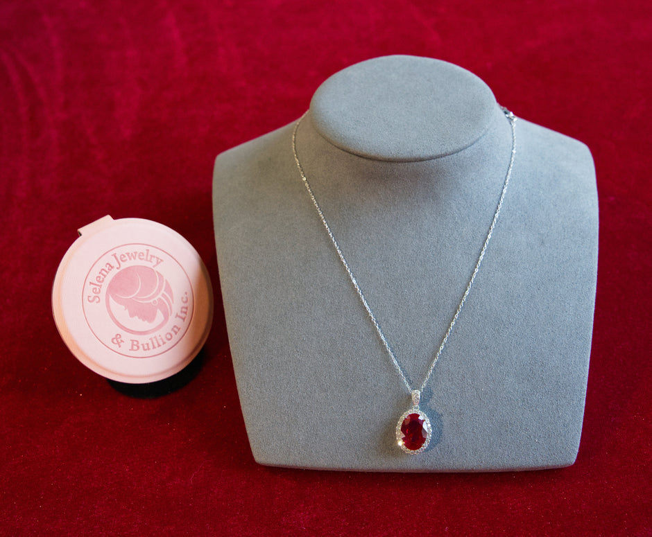 Selena Jewelry Bullion - Chambord 8 Carats Lab Grown Ruby Oval Milgrain Halo Pendant Necklace