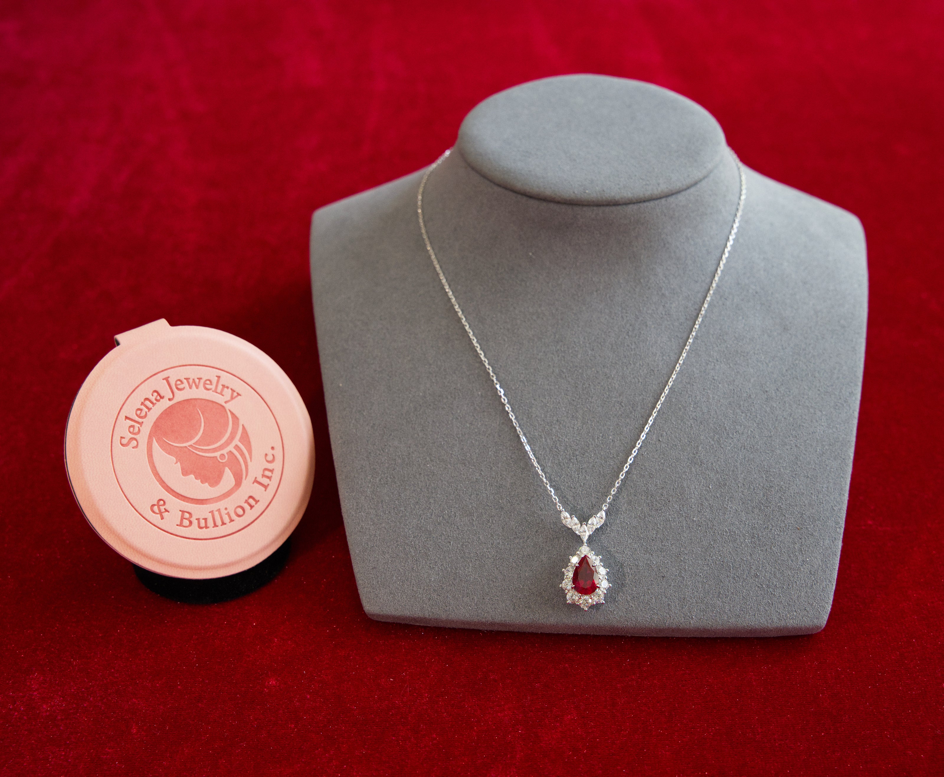 Selena Jewelry Bullion - Fontainebleau 3cts Lab Grown Ruby Pear Sunburst Halo Pendant Necklace