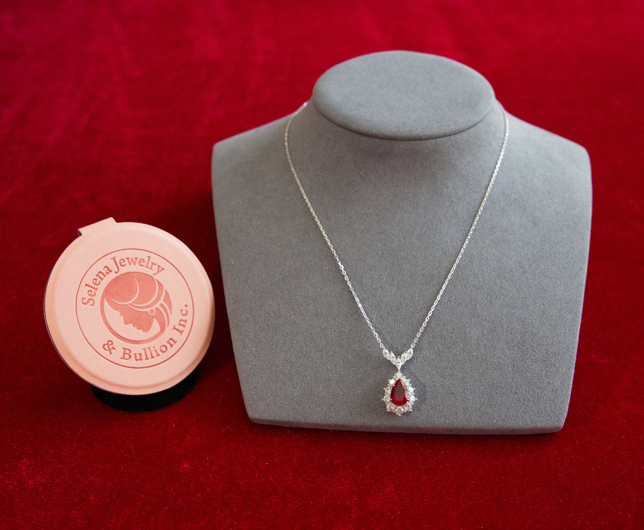 Selena Jewelry Bullion - Fontainebleau 3cts Lab Grown Ruby Pear Sunburst Halo Pendant Necklace