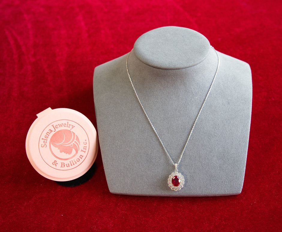Selena Jewelry Bullion - Compiegne 2 Carats Lab Grown Ruby Oval Floral Halo Pendant Necklace