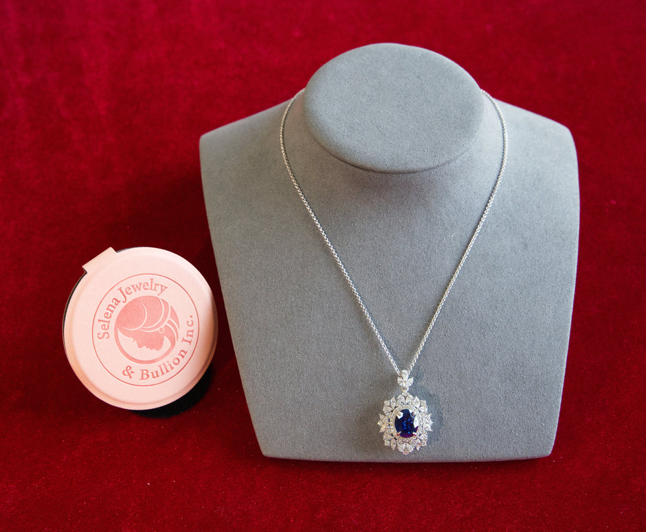 Selena Jewelry Bullion - Neuschwanstein 6 Carats Lab Grown Royal Blue Sapphire Floral Halo Pendant Necklace