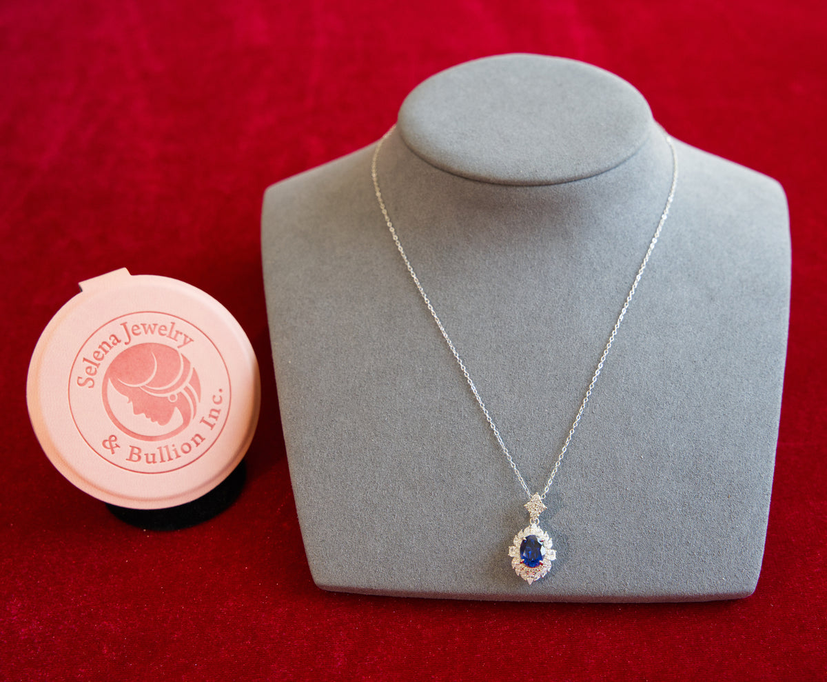 Selena Jewelry Bullion - Neuschwanstein 2cts Lab Grown Royal Blue Sapphire Oval Halo Pendant Necklace