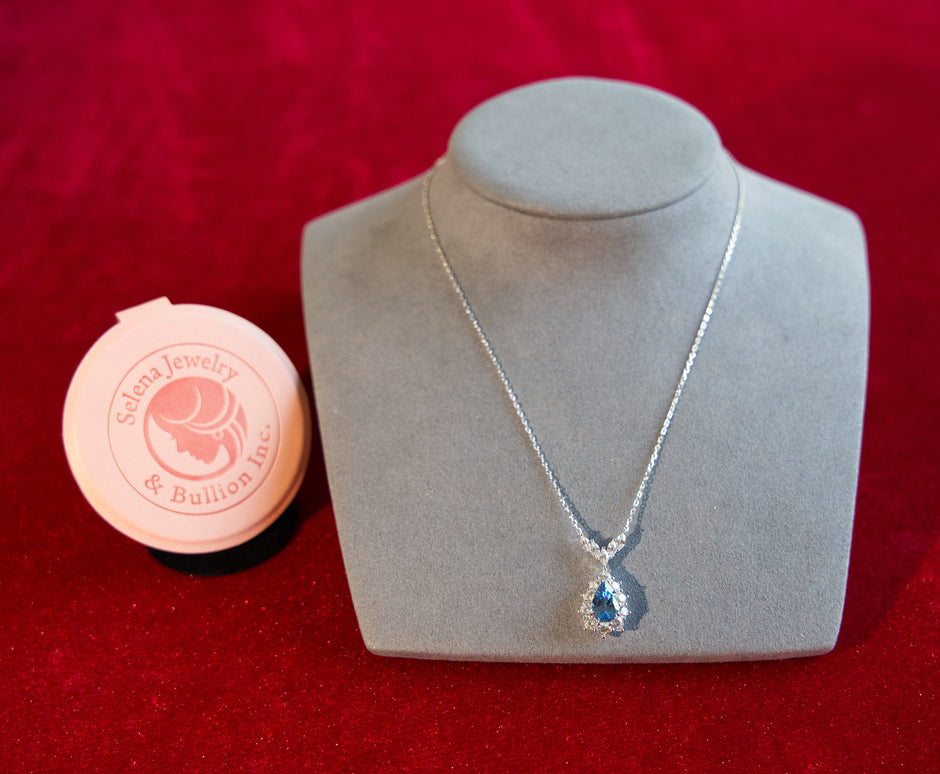 Selena Jewelry Bullion - Fontainebleau 3cts Lab Grown London Blue Spinel Pear Floral Halo Pendant Necklace
