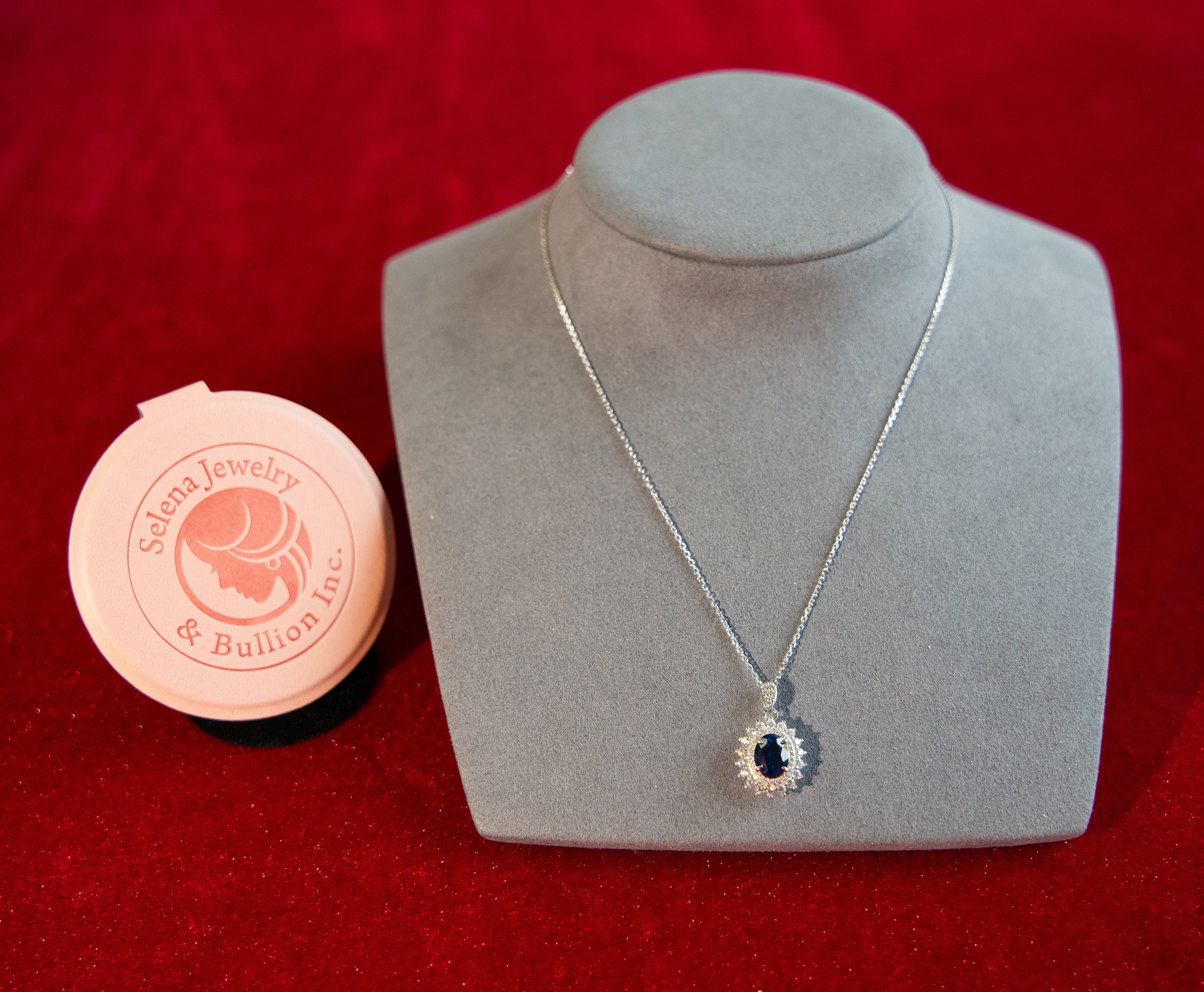 Selena Jewelry Bullion - Fontainebleau 2cts Lab Grown Royal Blue Sapphire Oval Sunburst Halo Pendant Necklace