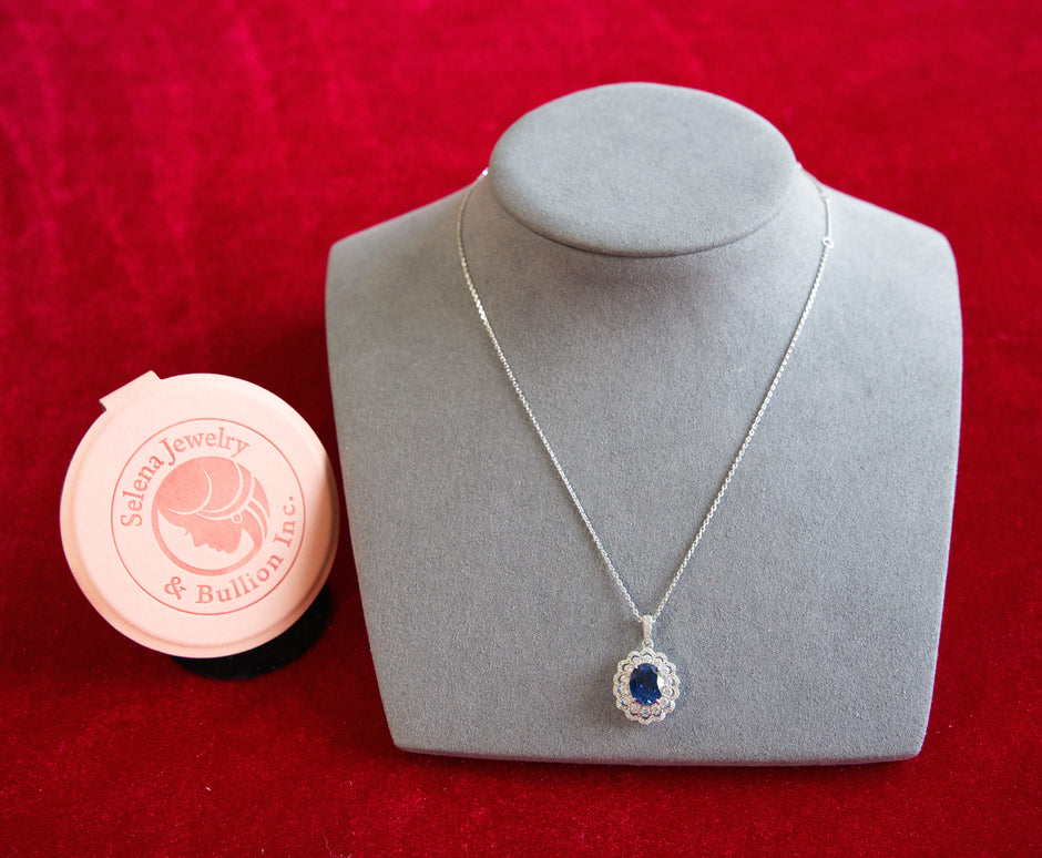 Selena Jewelry Bullion - Compiegne 2 Carats Lab Grown Royal Blue Sapphire Oval Floral Halo Pendant Necklace