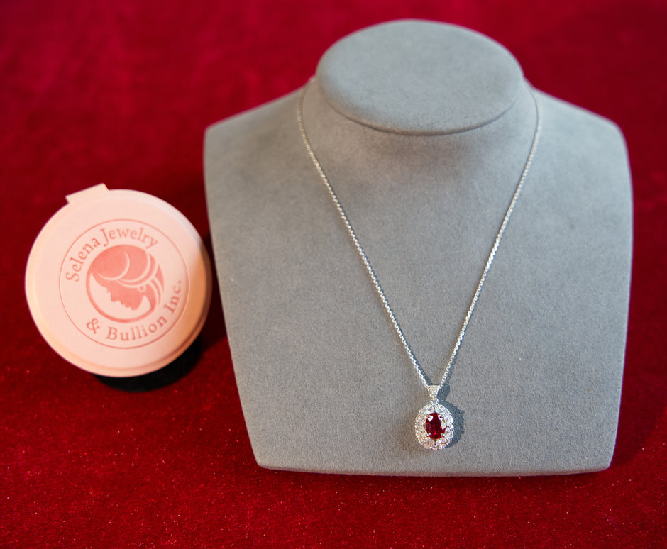 Selena Jewelry Bullion - Marly 2cts Lab Grown Ruby Oval Wheat Halo Pendant Necklace