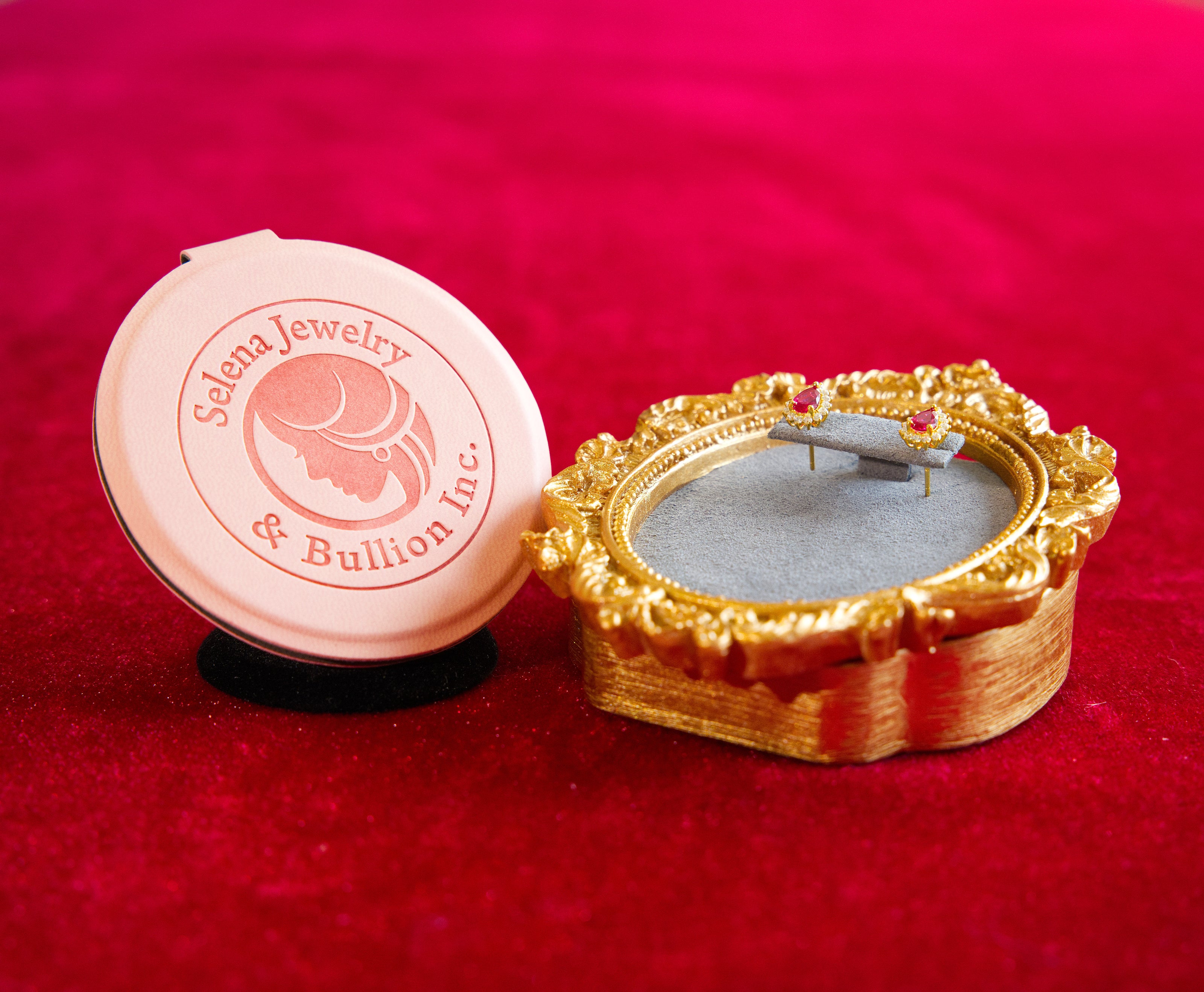 Selena Jewelry Bullion - Fontainebleau Rosy Ruby Tone Royal Waterdrop Halo Stud Earrings