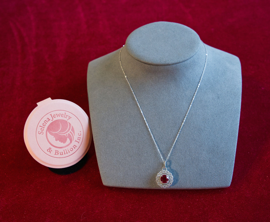 Selena Jewelry Bullion - Compiegne 2 Carats Lab Grown Ruby Round Floral Halo Pendant Necklace
