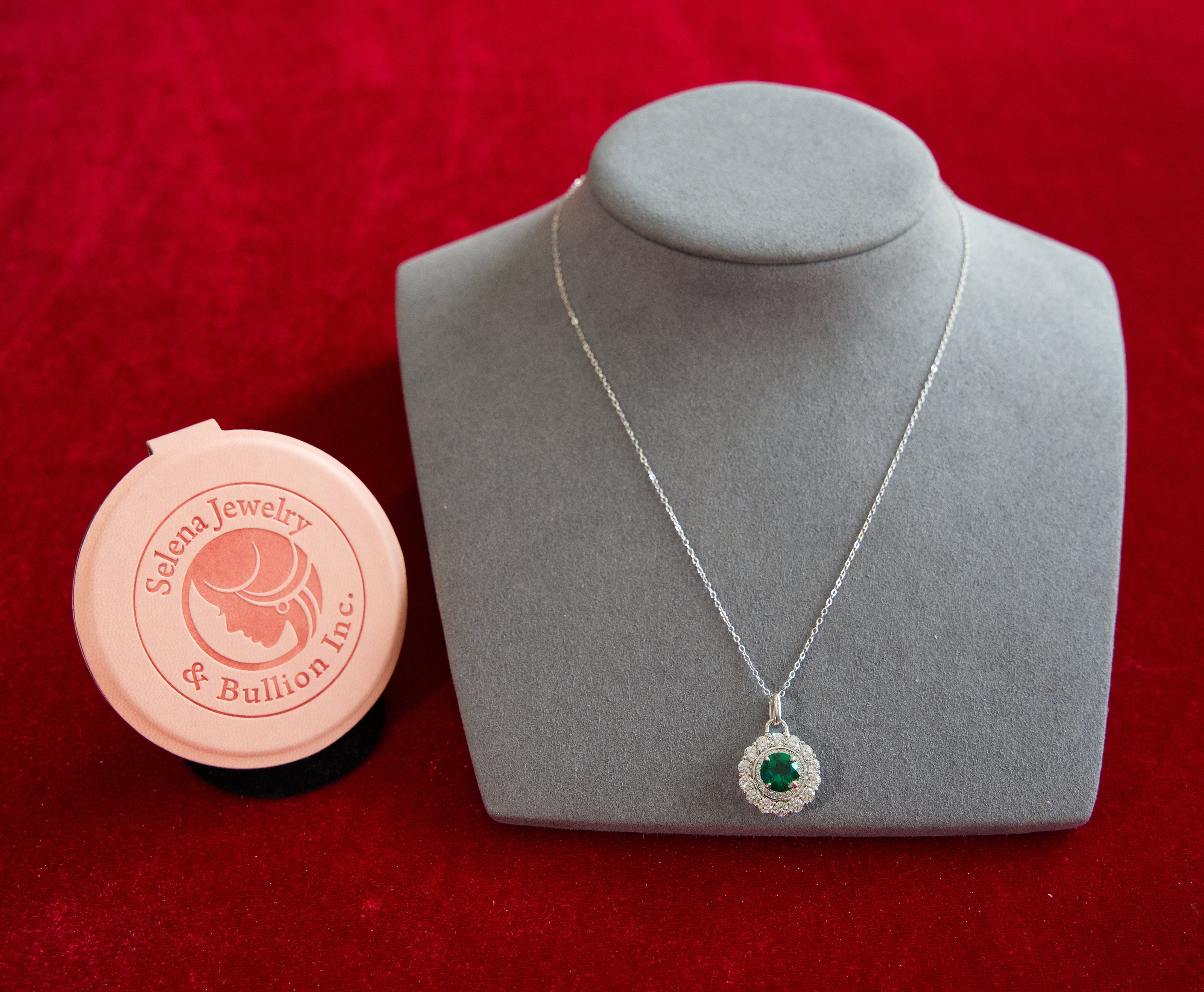 Selena Jewelry Bullion - Compiegne 1.5ct Lab Grown Vivid Green Emerald Round Floral Halo Pendant Necklace