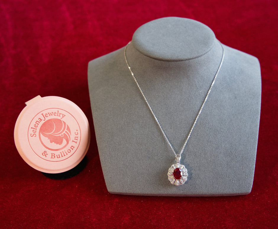 Selena Jewelry Bullion - Hofburg 3 Carats Lab Grown Ruby Oval Floral Halo Pendant Necklace