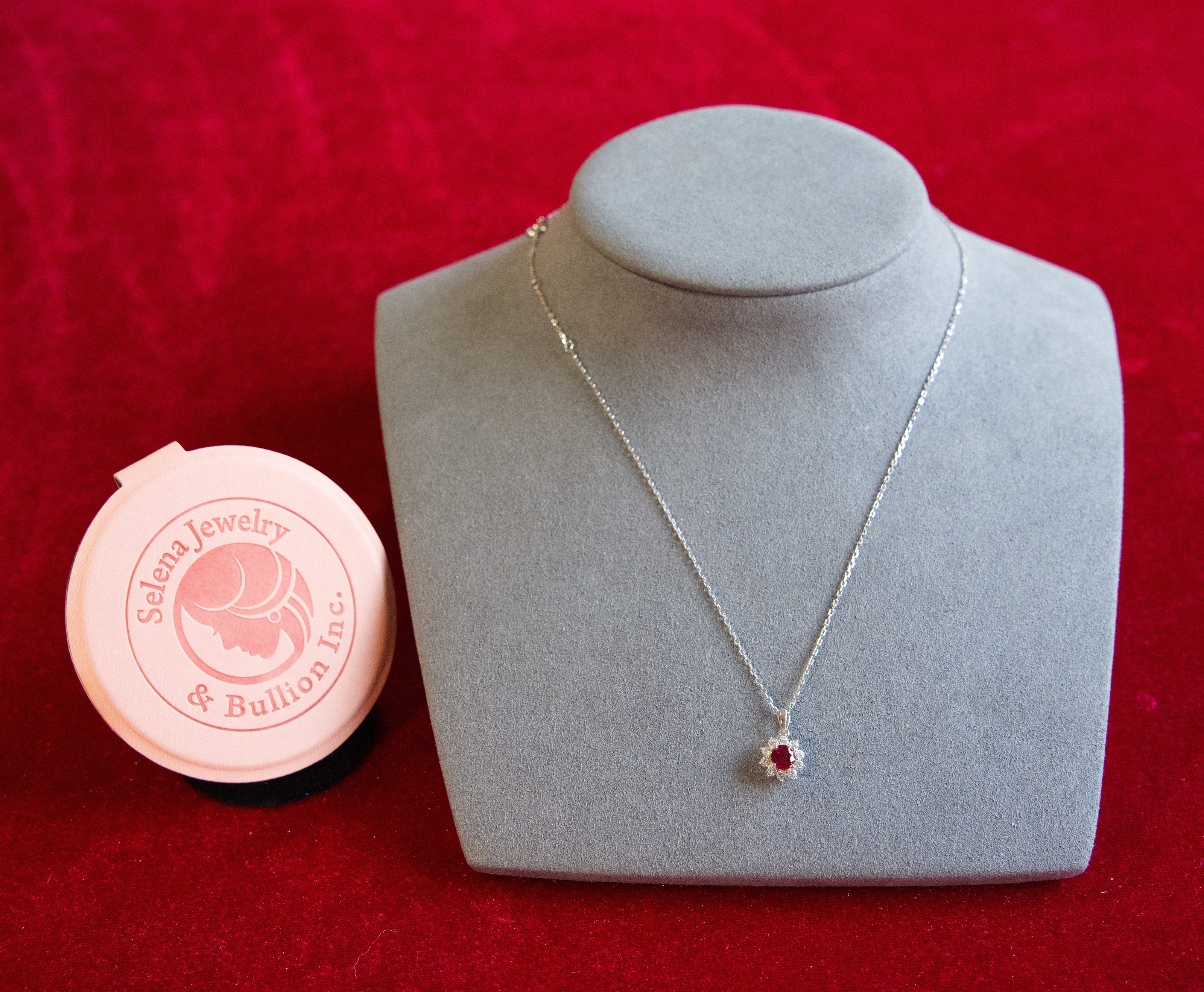 Selena Jewelry Bullion - Fontainebleau 0.5 Carat Lab Grown Ruby Round Sunburst Halo Pendant Necklace