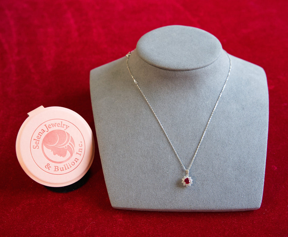 Selena Jewelry Bullion - Fontainebleau 0.5 Carat Lab Grown Ruby Round Sunburst Halo Pendant Necklace