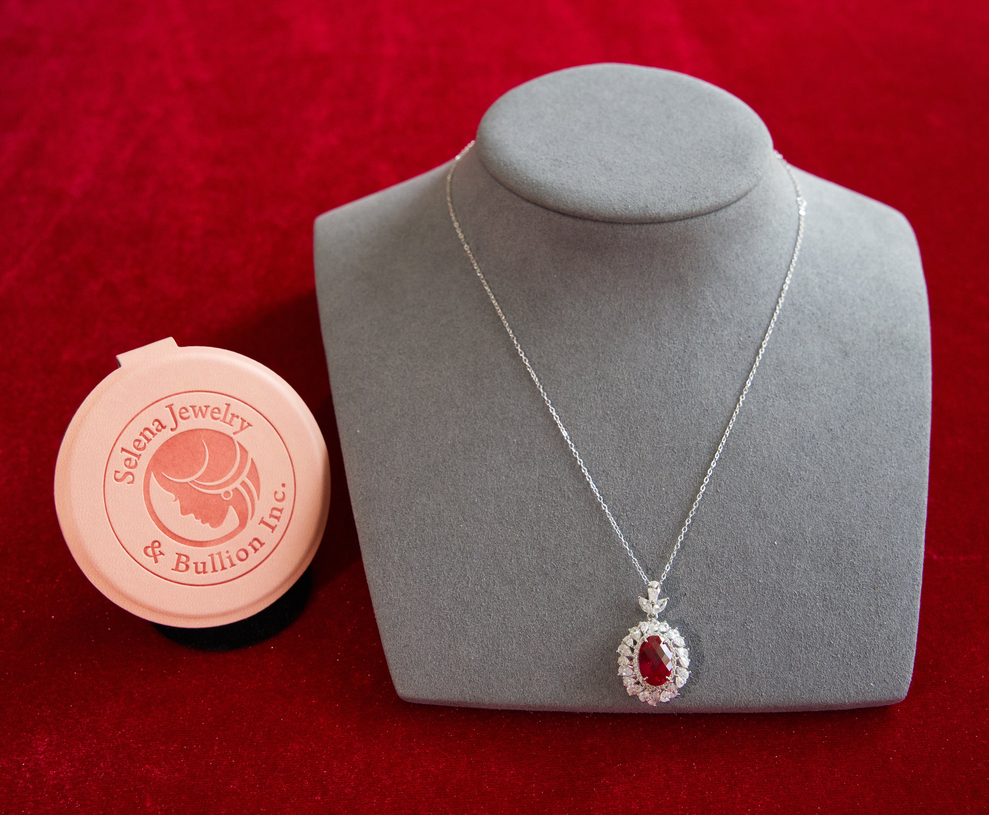 Selena Jewelry Bullion - Neuschwanstein 4cts Lab Grown Ruby Oval Kite-Cut Halo Pendant Necklace