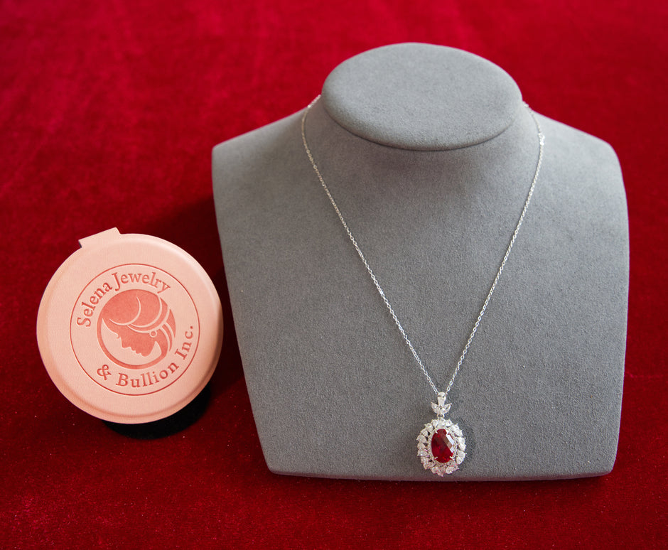 Selena Jewelry Bullion - Neuschwanstein 4cts Lab Grown Ruby Oval Kite-Cut Halo Pendant Necklace