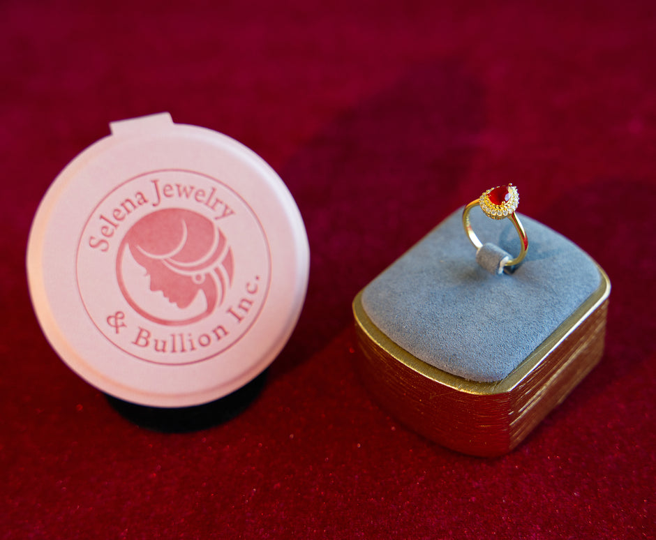 Selena Jewelry Bullion - Hofburg Ruby Tone Pear Cut Halo Ring