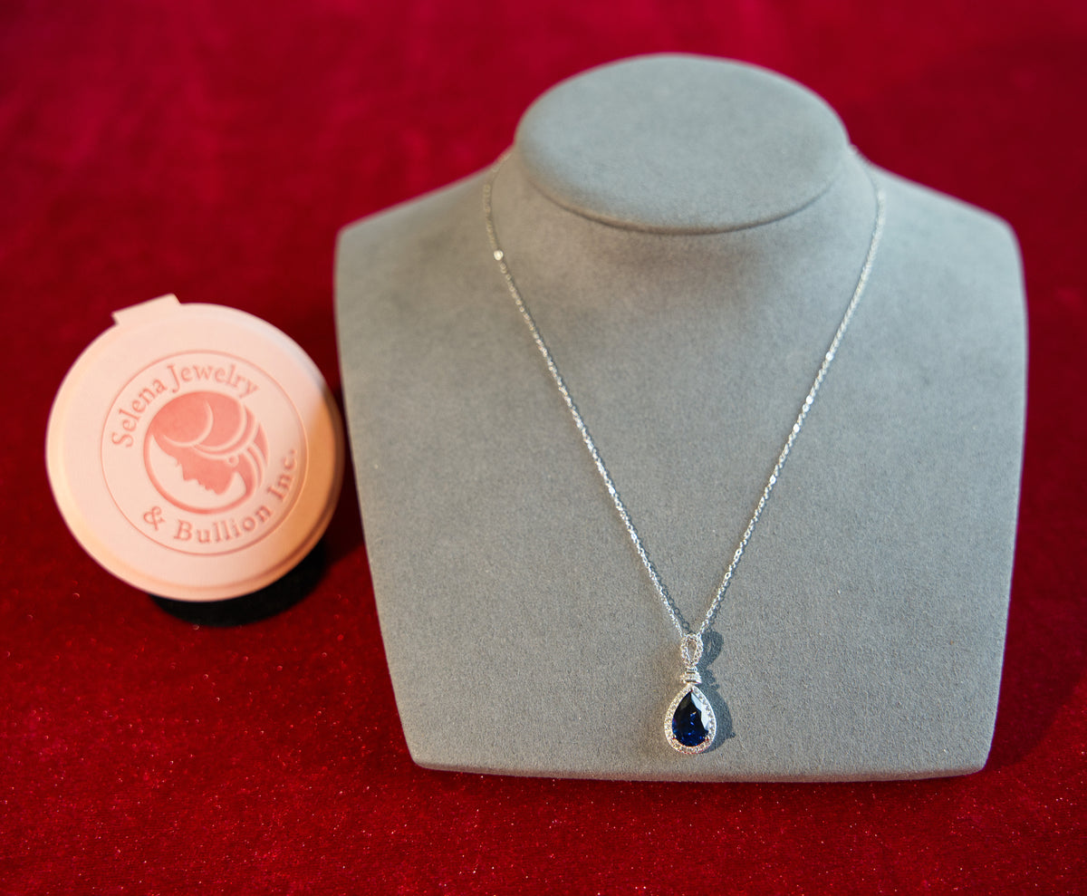 Selena Jewelry Bullion - Chambord 3.5cts Lab Grown Royal Blue Sapphire Pear Soft Floral Halo Pendant Necklace