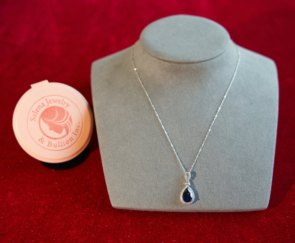 Selena Jewelry Bullion - Chambord 3.5cts Lab Grown Royal Blue Sapphire Pear Soft Floral Halo Pendant Necklace