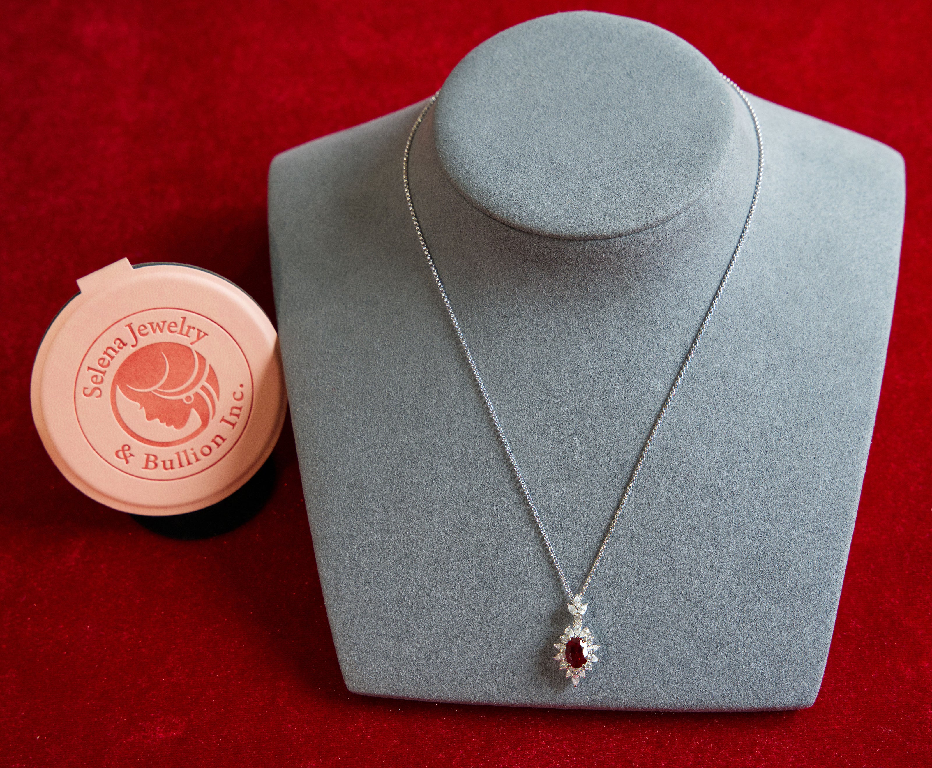 Selena Jewelry Bullion - Fontainebleau 2 carats Lab Grown Ruby Oval Sunburst Halo Pendant Necklace