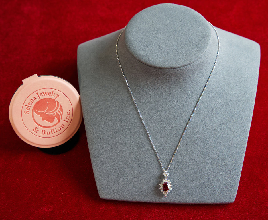 Selena Jewelry Bullion - Fontainebleau 2 carats Lab Grown Ruby Oval Sunburst Halo Pendant Necklace