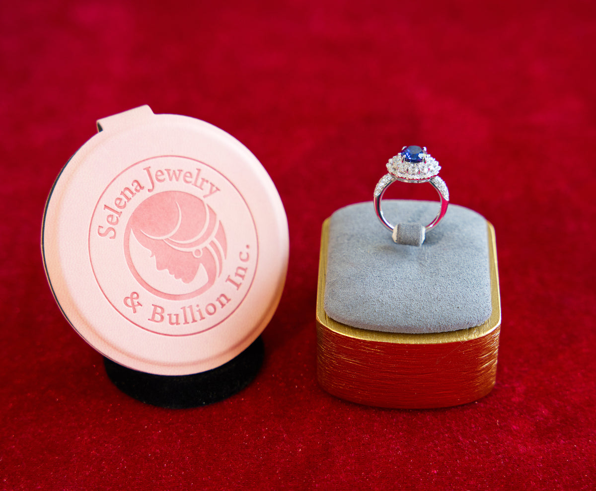 Selena Jewelry Bullion - Compiegne 2 carats Lab Grown Royal Blue Sapphire Double Halo Ring