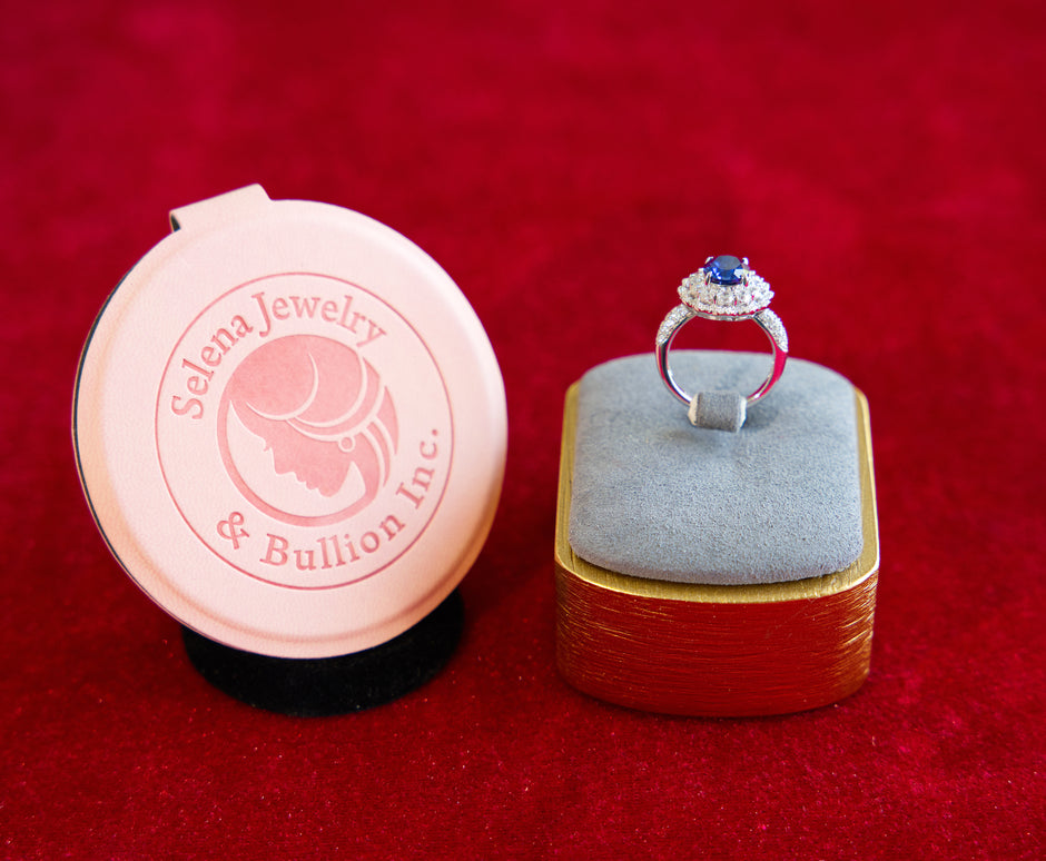 Selena Jewelry Bullion - Compiegne 2 carats Lab Grown Royal Blue Sapphire Double Halo Ring