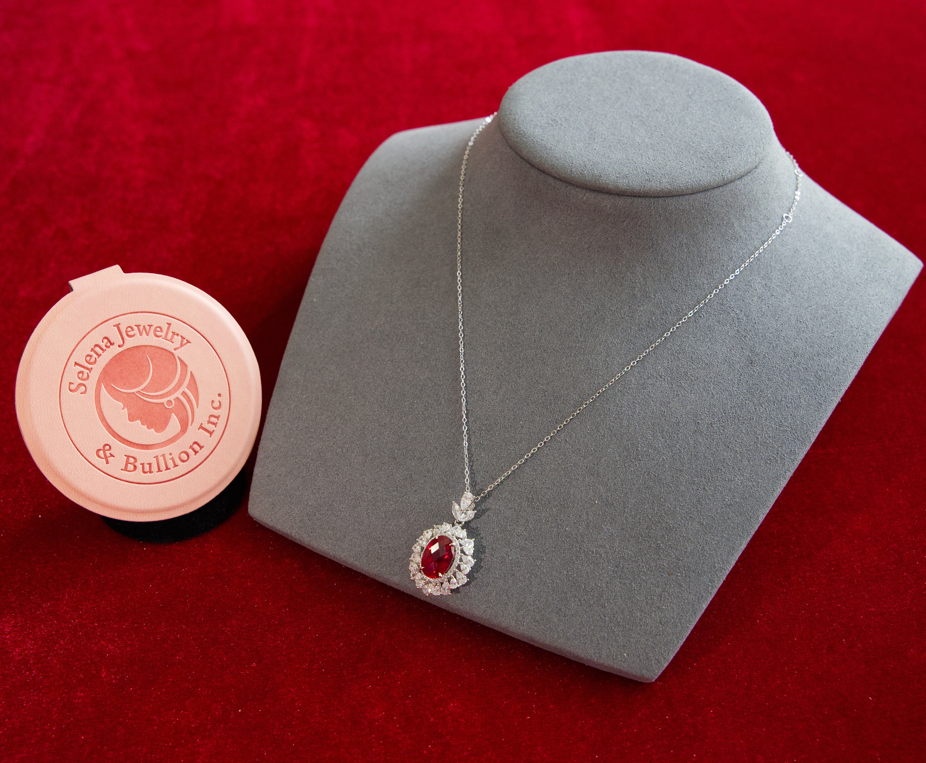 Selena Jewelry Bullion - Neuschwanstein 4cts Lab Grown Ruby Oval Kite-Cut Halo Pendant Necklace