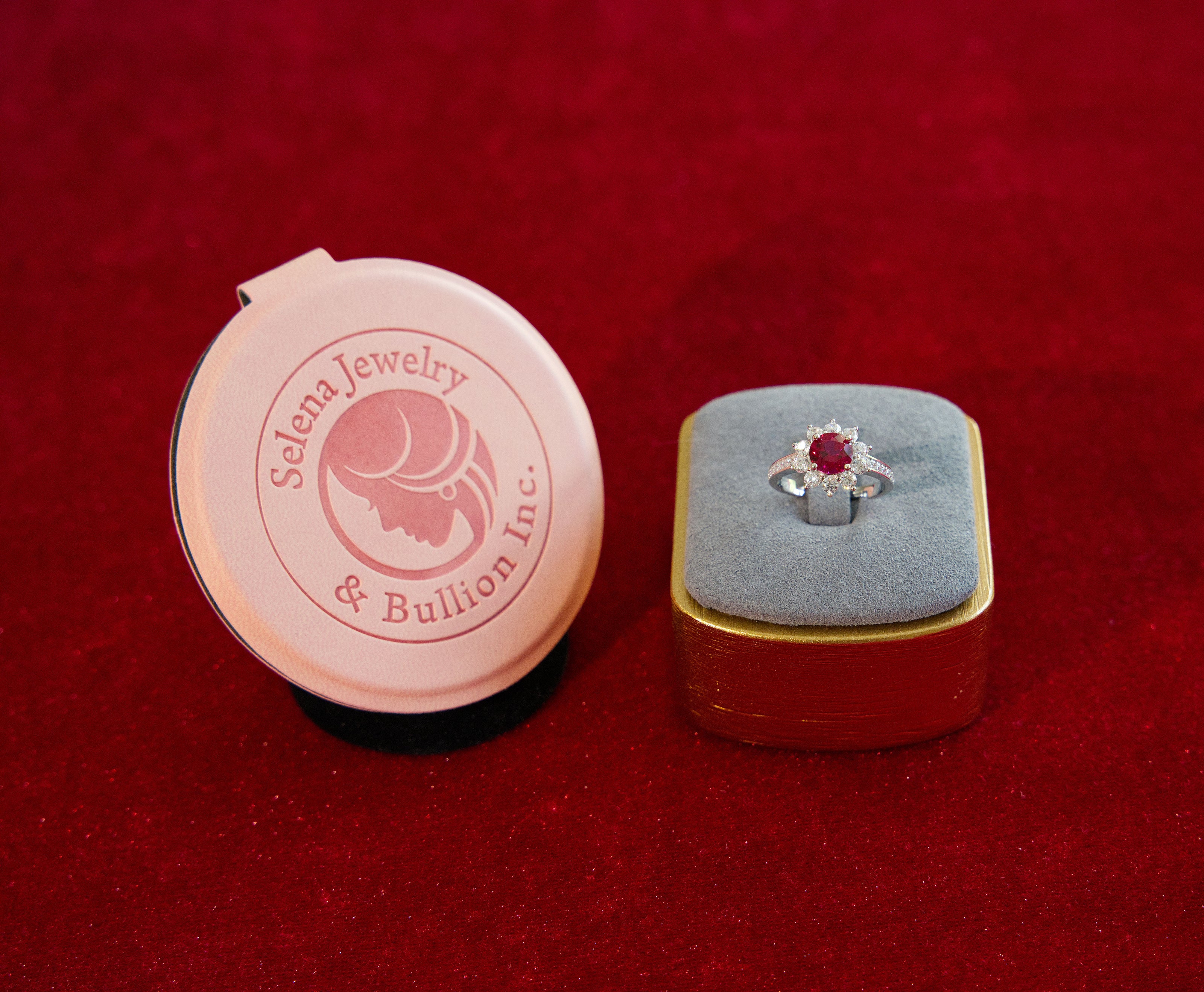 Selena Jewelry Bullion - Fontainebleau 1.5cts Round Lab Grown Ruby Sunburst Halo Open Ring