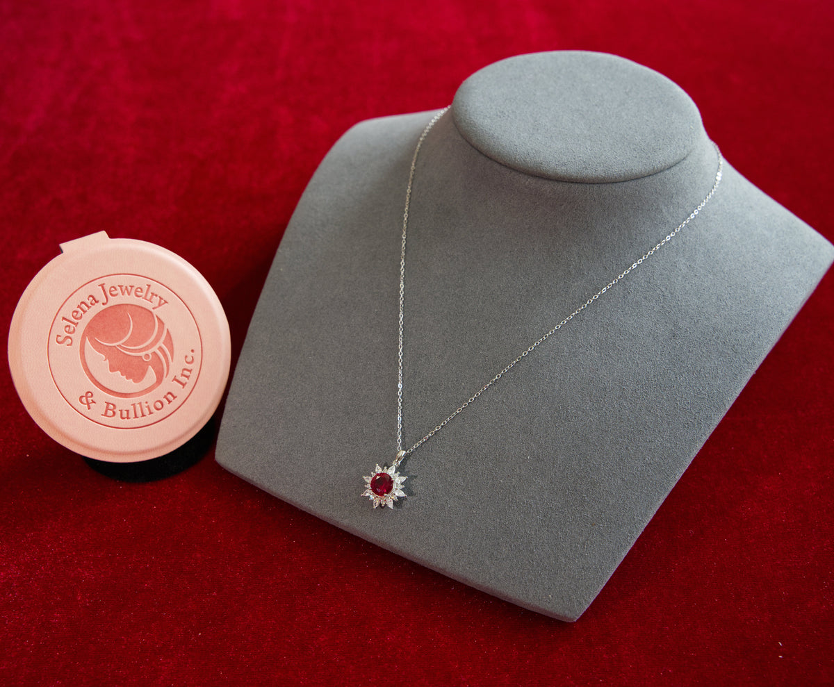 Selena Jewelry Bullion - Fontainebleau 2.2cts Lab Grown Ruby Round Sunburst Halo Pendant Necklace