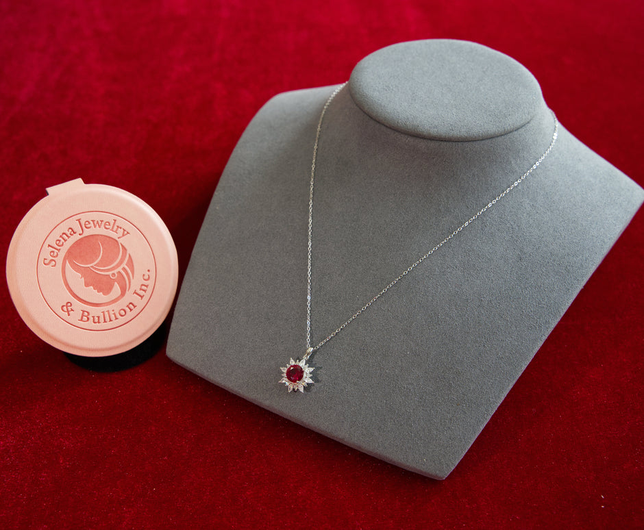 Selena Jewelry Bullion - Fontainebleau 2.2cts Lab Grown Ruby Round Sunburst Halo Pendant Necklace