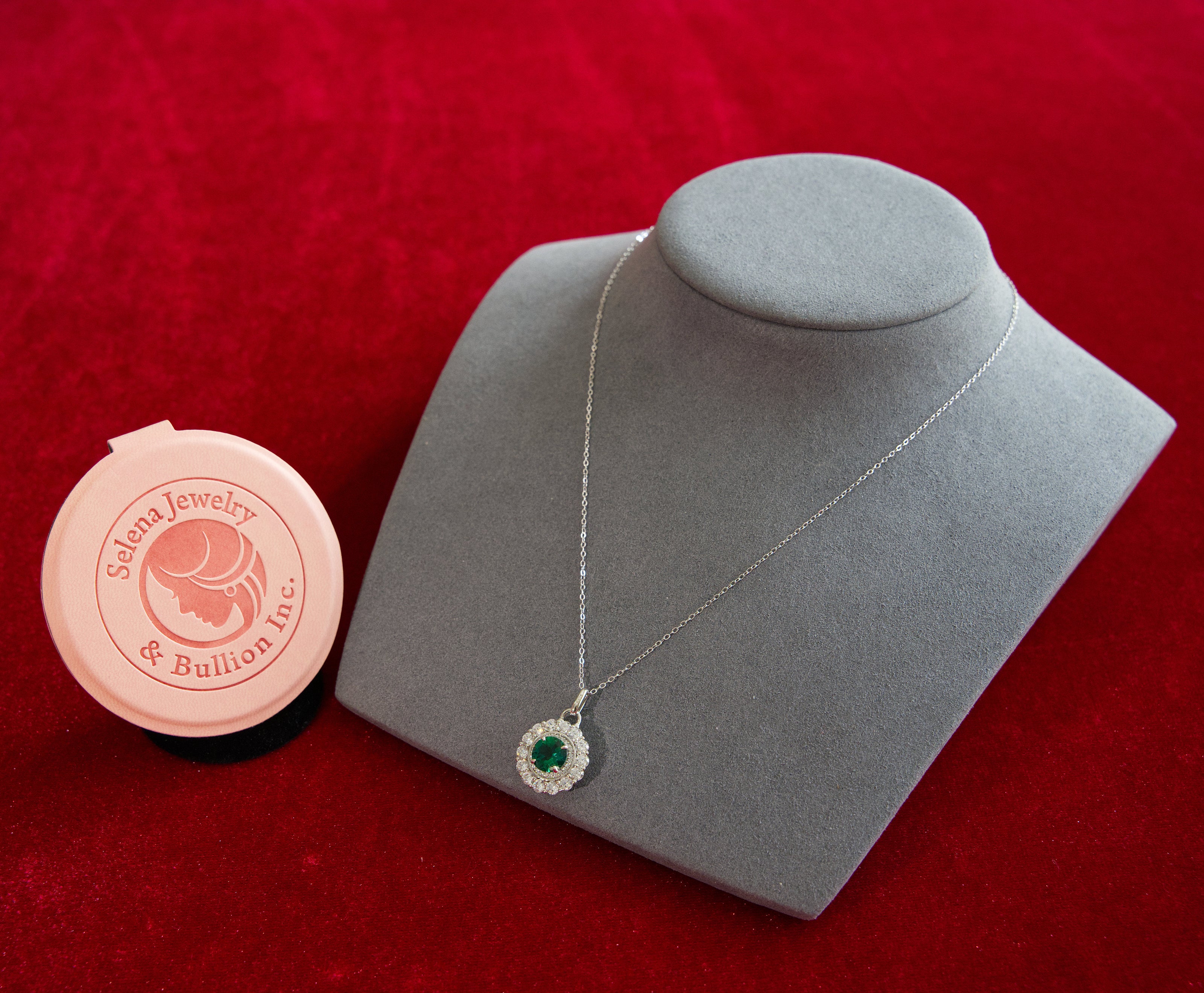 Selena Jewelry Bullion - Compiegne 1.5ct Lab Grown Vivid Green Emerald Round Floral Halo Pendant Necklace