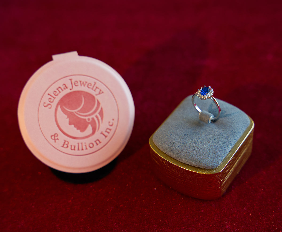 Selena Jewelry Bullion - Fontainebleau Sapphire Tone Sunburst Halo Ring