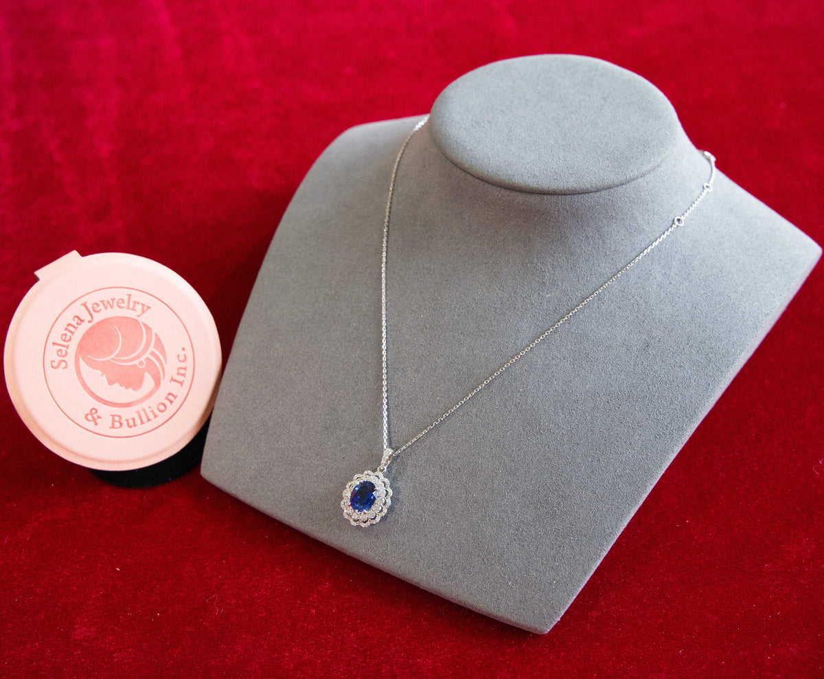 Selena Jewelry Bullion - Compiegne 2 Carats Lab Grown Royal Blue Sapphire Oval Floral Halo Pendant Necklace