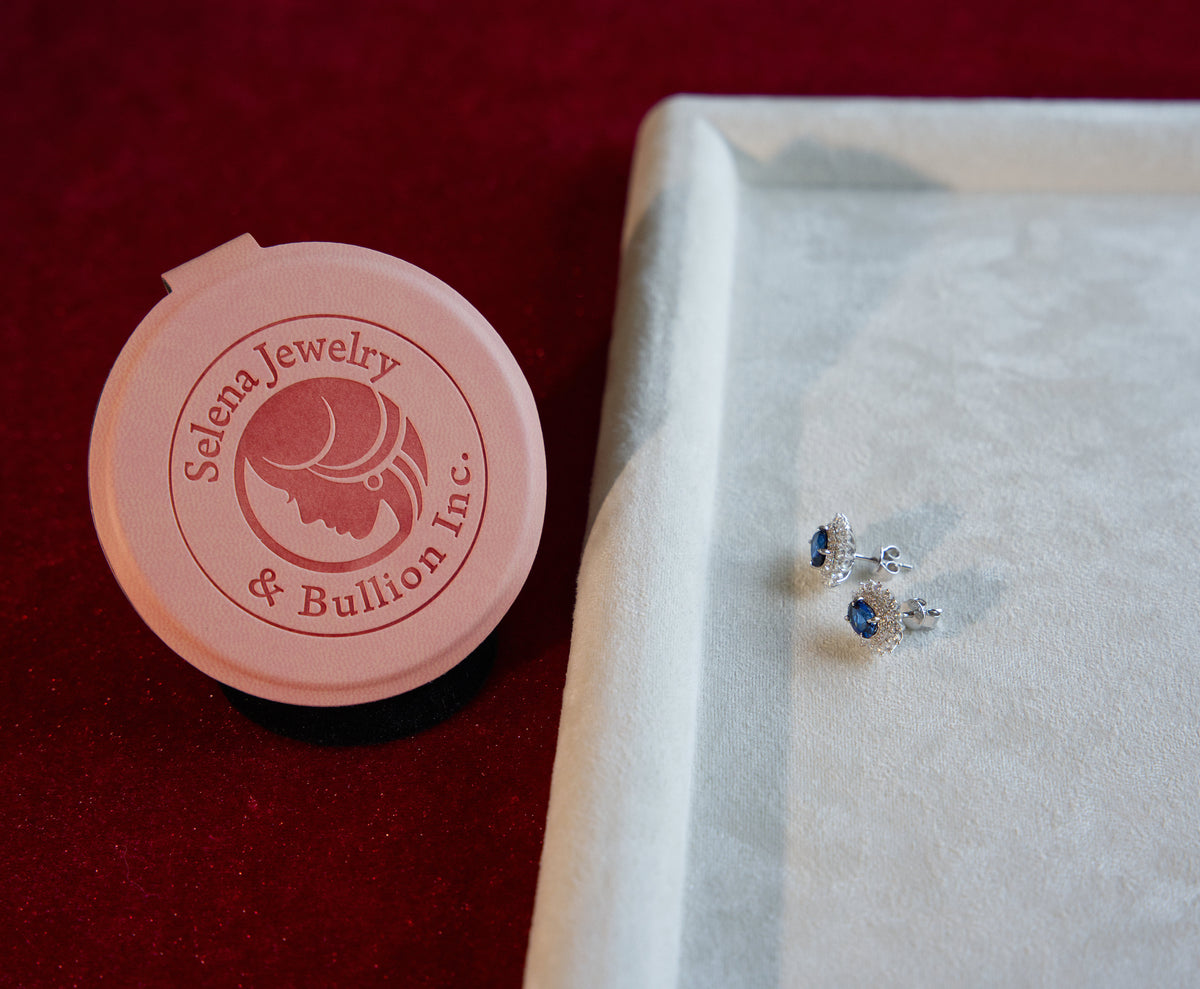 Selena Jewelry Bullion - Fontainebleau 1.2ct Per Stone Total 2.4ct Pair Lab Grown Royal Blue Sapphire Oval Floral Halo Stud Earrings